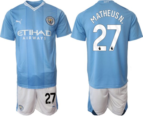 Manchester City Matheus Nunes #27 Thuisshirt 2023-2024 Voetbalshirts Korte Mouw (+ Korte broeken)